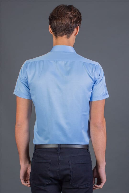 Modern Slim Fit Kısa Kollu Düz Saten Erkek Mavi Gömlek