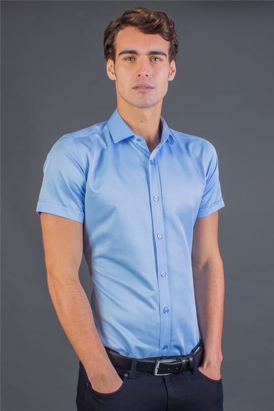 Modern Slim Fit Kısa Kol Düz Saten Erkek Gömlek