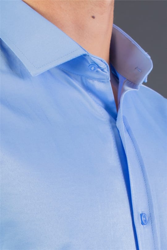 Modern Slim Fit Kısa Kollu Düz Saten Erkek Mavi Gömlek