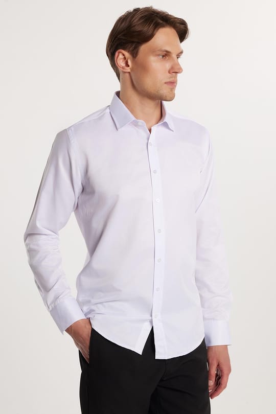 Erkek Modern Slim Fit Düz Saten Pamuklu Beyaz Gömlek