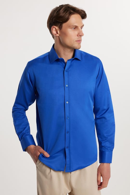  Erkek Modern Fit Dar Kesim Pamuklu Düz Saten Sax Mavi Gömlek