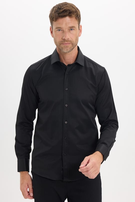 Erkek Modern Slim Fit Düz Saten Pamuklu Siyah Gömlek