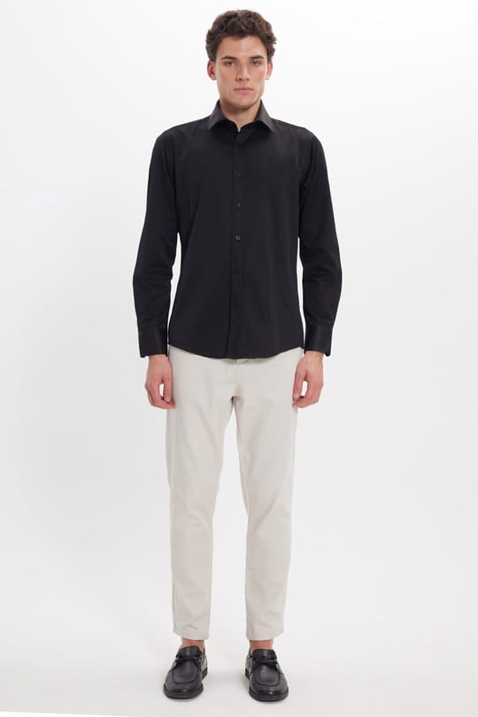 Erkek Modern Slim Fit Düz Saten Pamuklu Siyah Gömlek