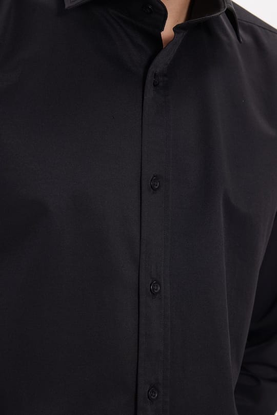 Erkek Modern Slim Fit Düz Saten Pamuklu Siyah Gömlek