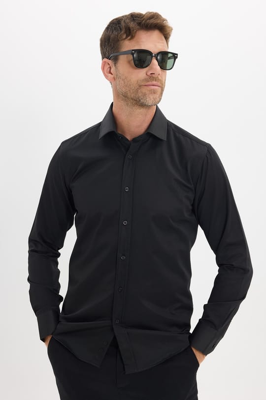 Erkek Modern Slim Fit Düz Saten Pamuklu Siyah Gömlek