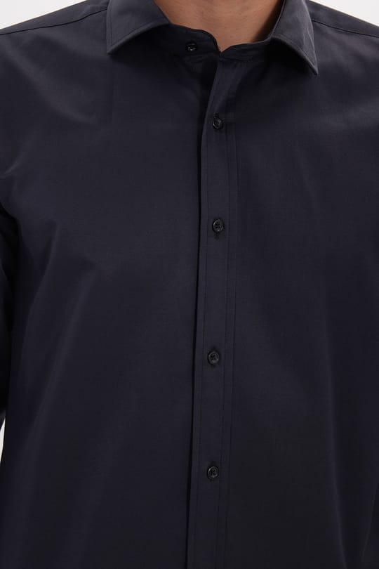 Erkek Modern Slim Fit Düz Saten Pamuklu Lacivert Gömlek