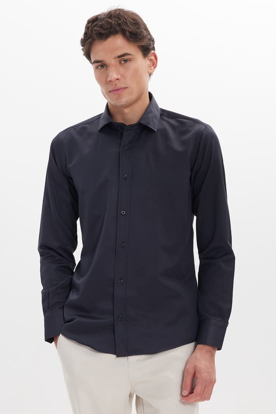Erkek Modern Slim Fit Düz Saten Pamuklu Lacivert Gömlek