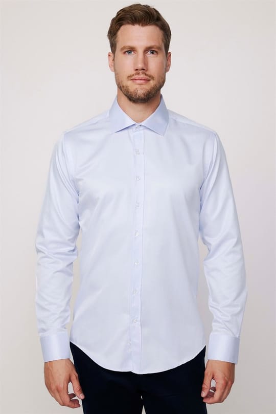 Erkek Modern Slim Fit Düz Saten Pamuklu Mavi Gömlek