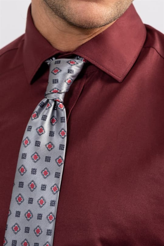 Erkek Modern Slim Fit Düz Saten Pamuklu Bordo Gömlek