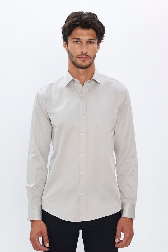  Erkek Modern Fit Dar Kesim Pamuklu Düz Saten Gri Gömlek