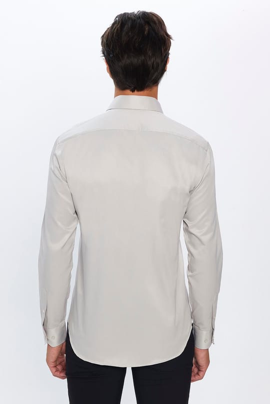  Erkek Modern Fit Dar Kesim Pamuklu Düz Saten Gri Gömlek