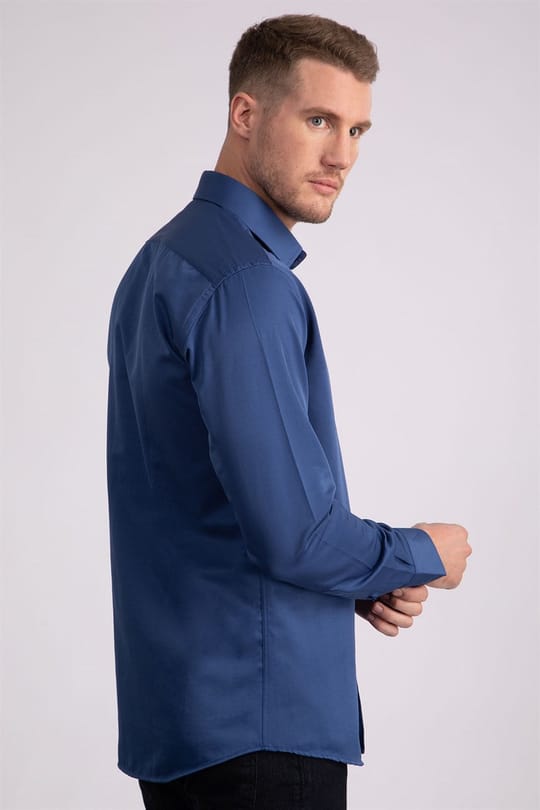 Erkek Modern Slim Fit Düz Saten Pamuklu İndigo Gömlek
