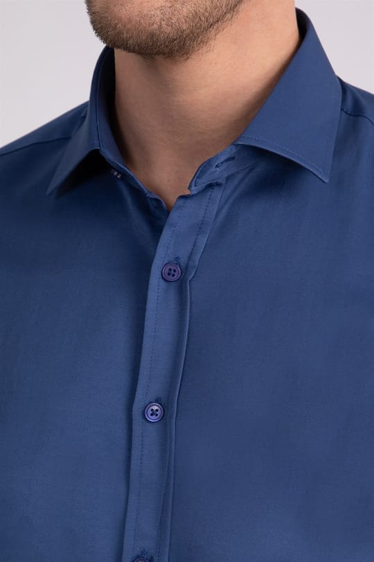 Erkek Modern Slim Fit Düz Saten Pamuklu İndigo Gömlek