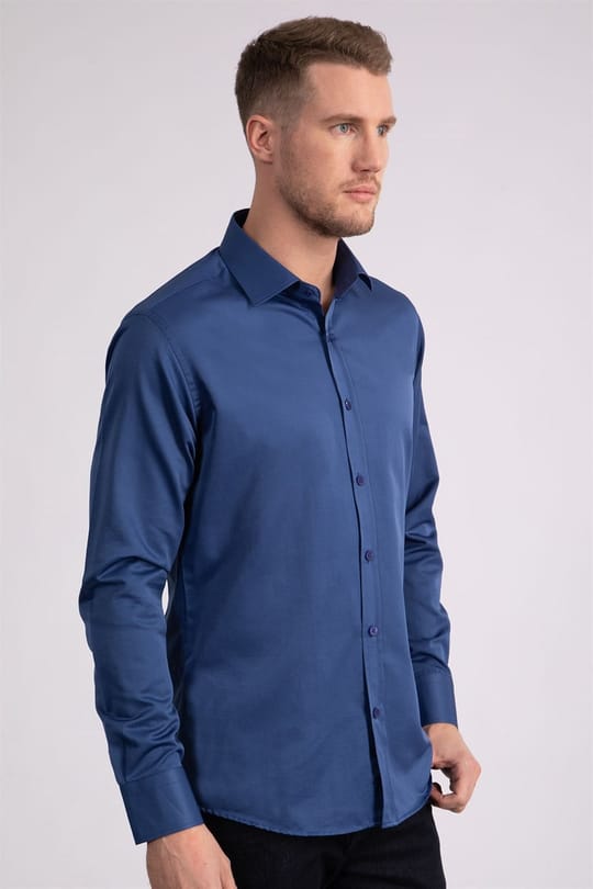 Erkek Modern Slim Fit Düz Saten Pamuklu İndigo Gömlek