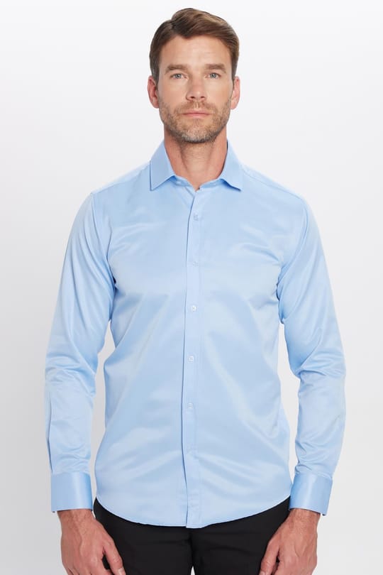 Erkek Modern Slim Fit Düz Saten Pamuklu Mavi Gömlek