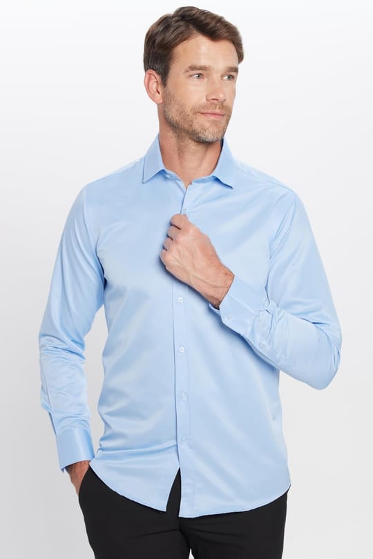 Erkek Modern Slim Fit Düz Saten Pamuklu Mavi Gömlek