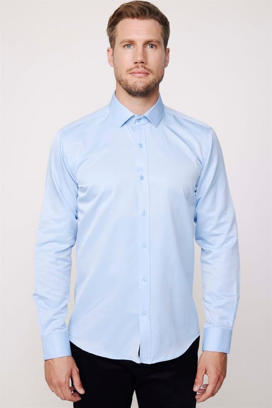 Erkek Modern Slim Fit Düz Saten Pamuklu Mavi Gömlek
