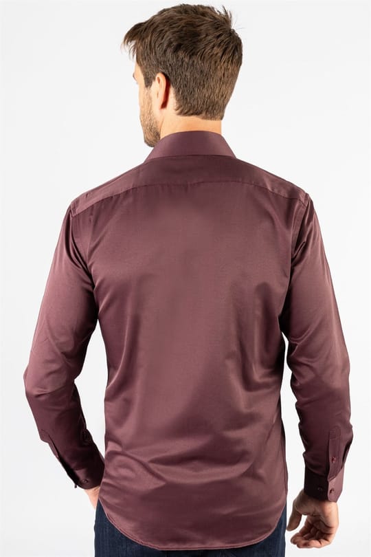 Erkek Modern Slim Fit Düz Saten Pamuklu Bordo Gömlek