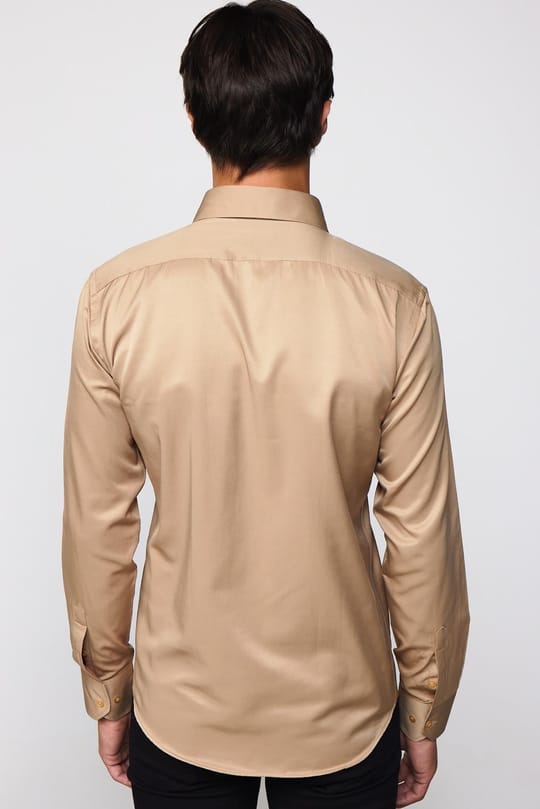 Erkek Modern Slim Fit Düz Saten Pamuklu Krem Gömlek