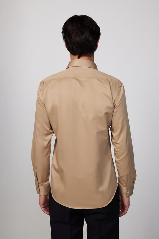 Erkek Modern Slim Fit Düz Saten Pamuklu Krem Gri Gömlek