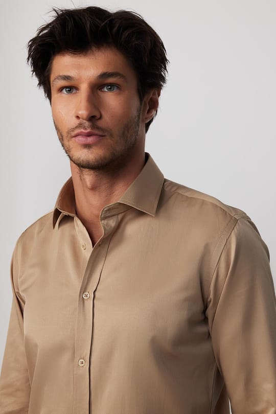 Erkek Modern Slim Fit Düz Saten Pamuklu Krem Gri Gömlek