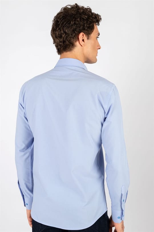 Modern Slim Fit Uzun Kollu Pamuklu Kolay Ütü Erkek Mavi Gömlek