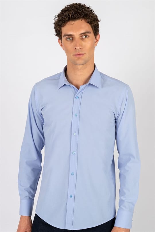 Modern Slim Fit Uzun Kollu Pamuklu Kolay Ütü Erkek Mavi Gömlek