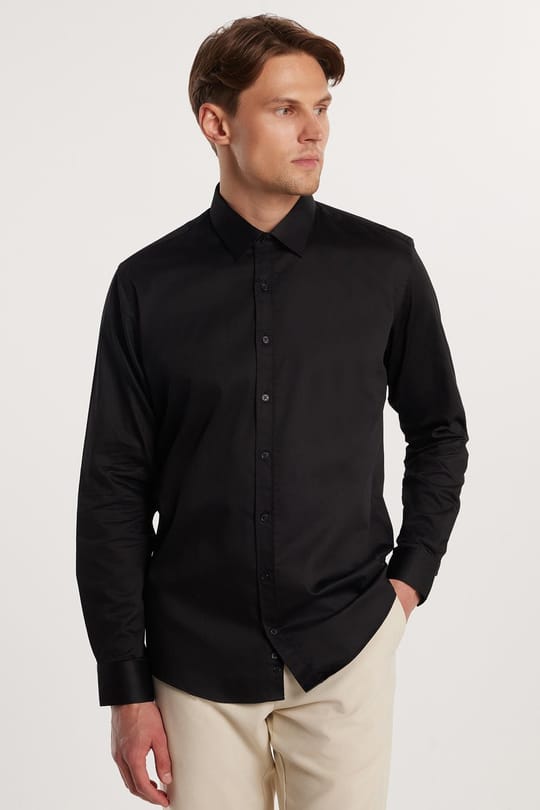 Modern Slim Fit Uzun Kollu Pamuk Saten Premium Seri Erkek Siyah Gömlek