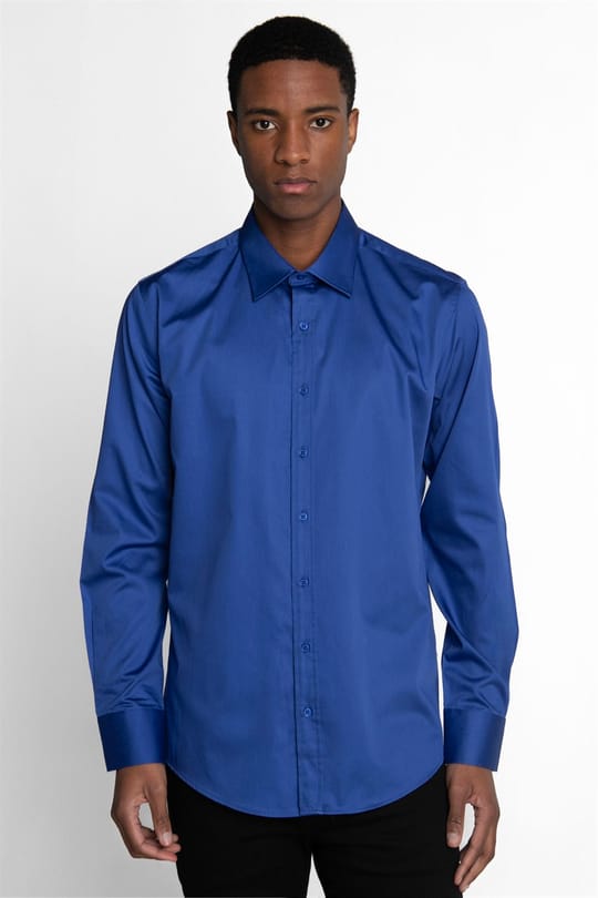 Modern Slim Fit Uzun Kollu Pamuk Saten Premium Seri Erkek Sax Mavi Gömlek