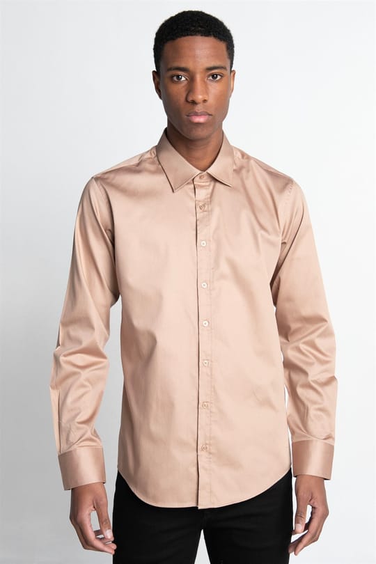 Modern Slim Fit Uzun Kollu Pamuk Saten Premium Seri Erkek Dore Kahve Gömlek