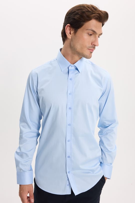 Erkek Modern Slim Fit Uzun Kollu %100 Pamuk Premium Seri Saten Mavi Gömlek