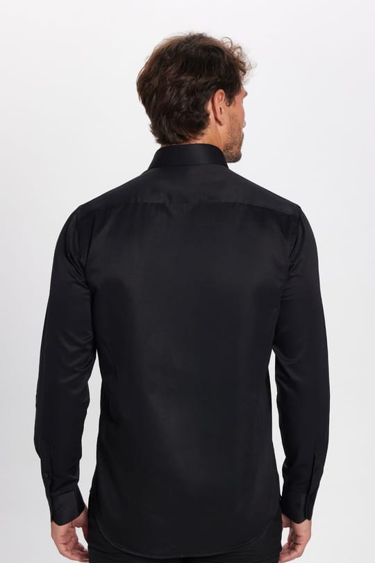 Erkek Modern Slim Fit Pamuklu Düz Siyah Gömlek