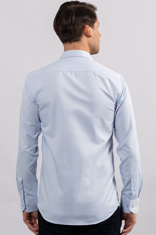 Erkek Modern Slim Fit Pamuklu Düz Mavi Gömlek