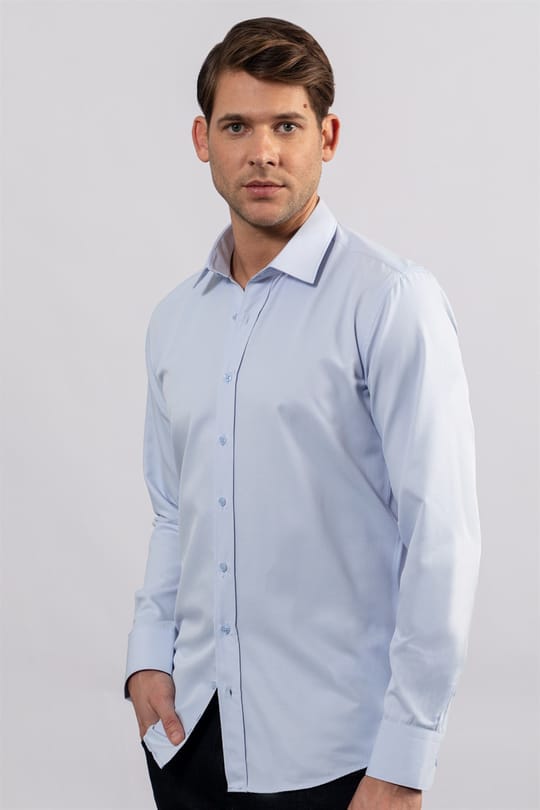 Erkek Modern Slim Fit Pamuklu Düz Mavi Gömlek