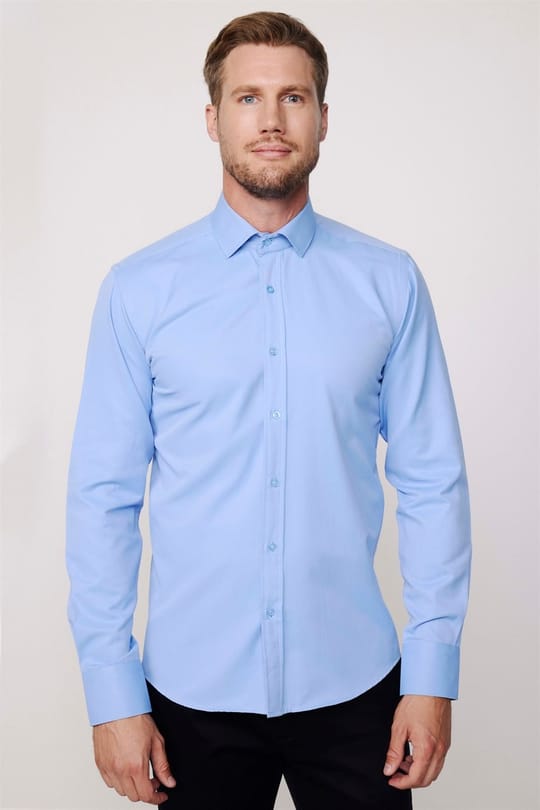Erkek Modern Slim Fit Pamuklu Düz Mavi Gömlek