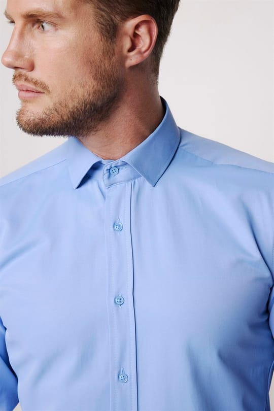Erkek Modern Slim Fit Pamuklu Düz Mavi Gömlek