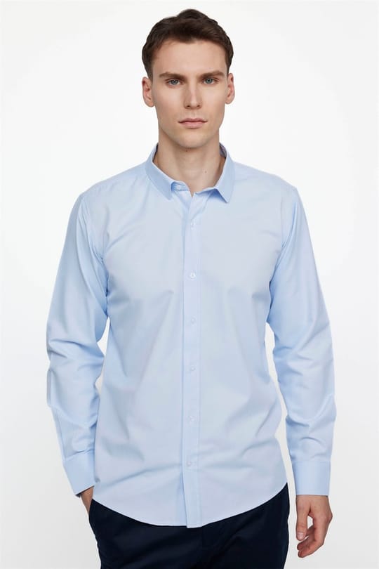 Erkek Modern Slim Fit Pamuklu Düz Mavi Gömlek