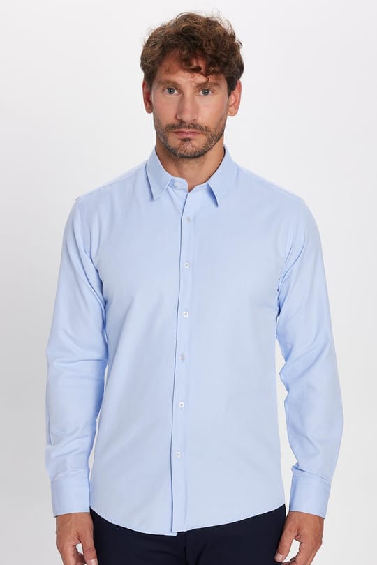 Modern Slim Fit Uzun Kollu Pamuklu Kolay Ütü Armürlü Erkek Mavi Gömlek