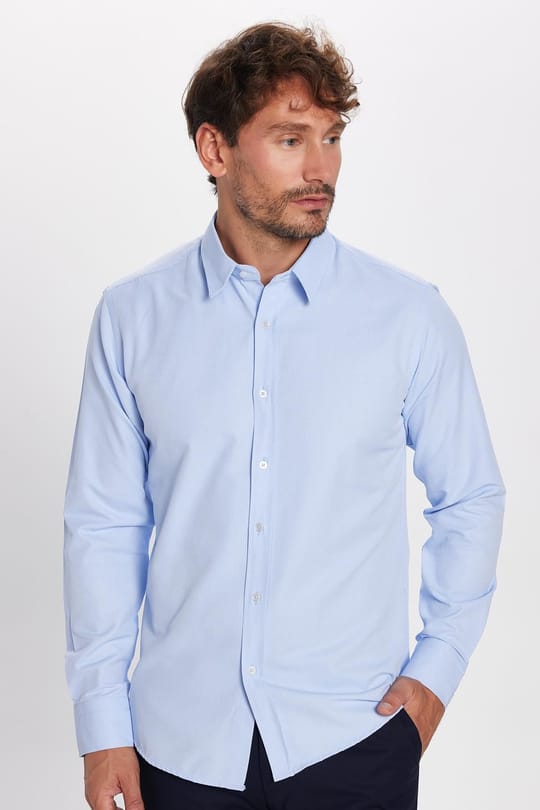 Modern Slim Fit Uzun Kollu Pamuklu Kolay Ütü Armürlü Erkek Mavi Gömlek