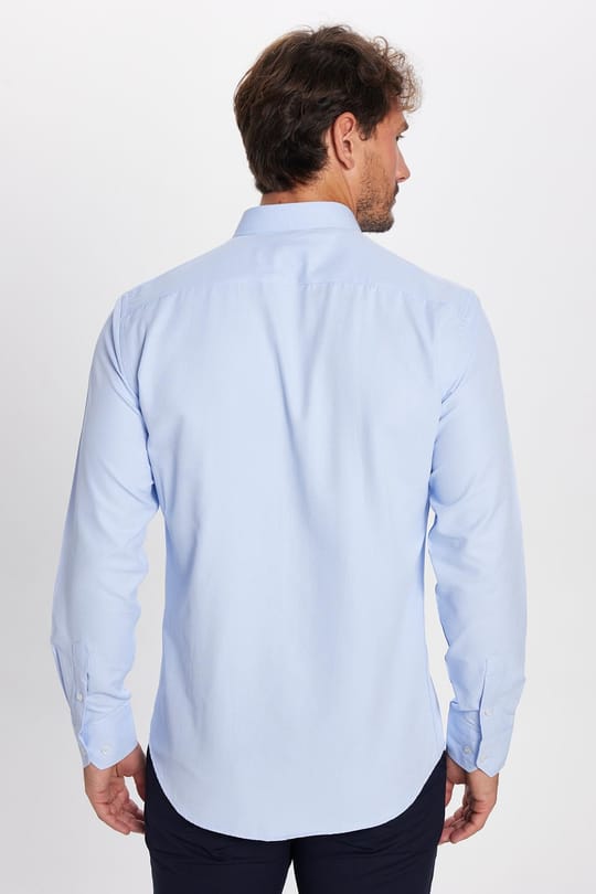 Modern Slim Fit Uzun Kollu Pamuklu Kolay Ütü Armürlü Erkek Mavi Gömlek