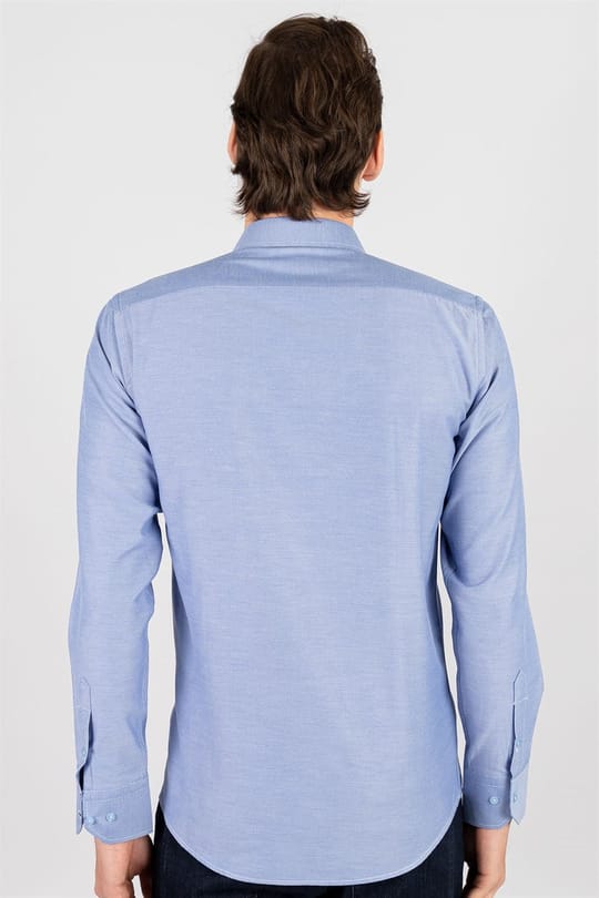Modern Slim Fit Uzun Kollu Pamuklu Kolay Ütü Armürlü Erkek İndigo Gömlek