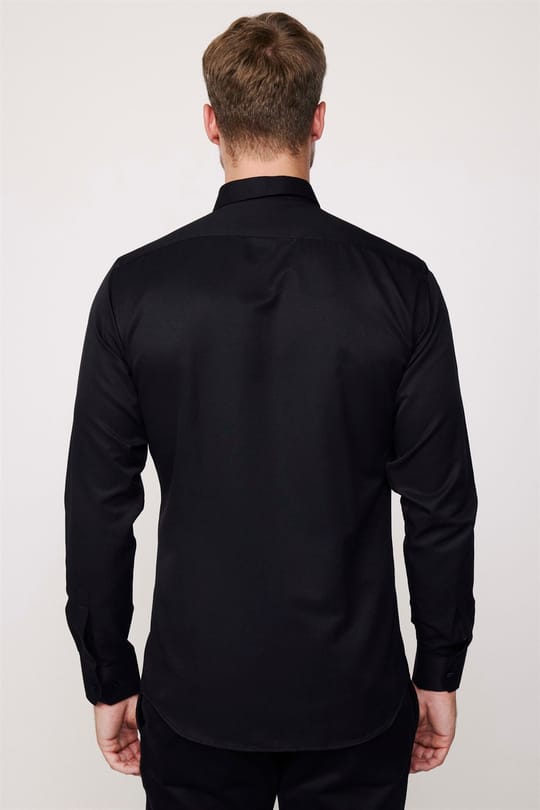 Modern Slim Fit Uzun Kollu Pamuklu Kolay Ütü Armürlü Erkek Siyah Gömlek