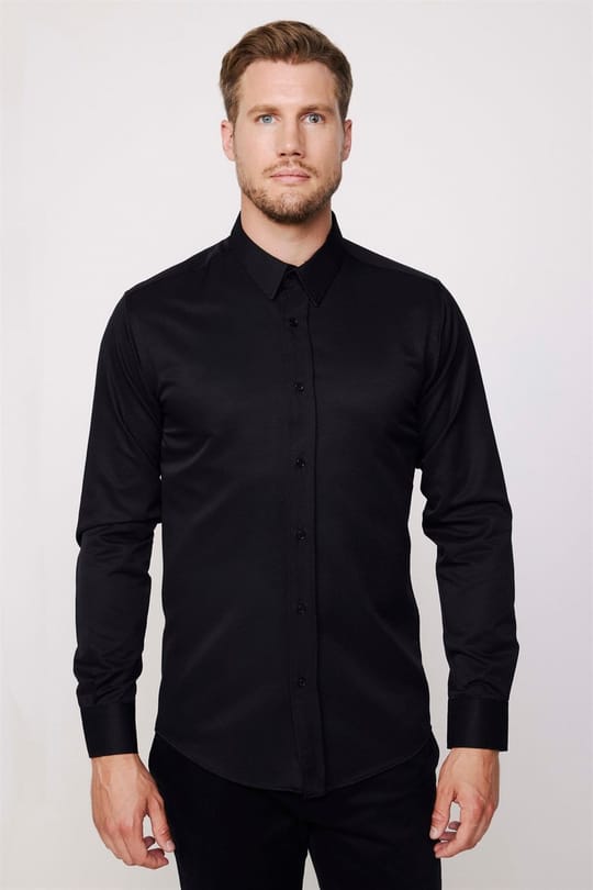 Modern Slim Fit Uzun Kollu Pamuklu Kolay Ütü Armürlü Erkek Siyah Gömlek