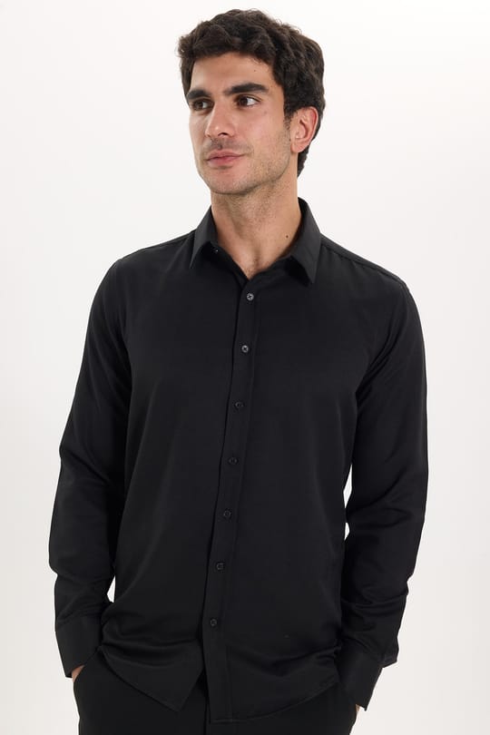 Erkek Modern Fit Dar Kesim Pamuklu Uzun Kollu Kravatlık Armürlü Siyah Gömlek