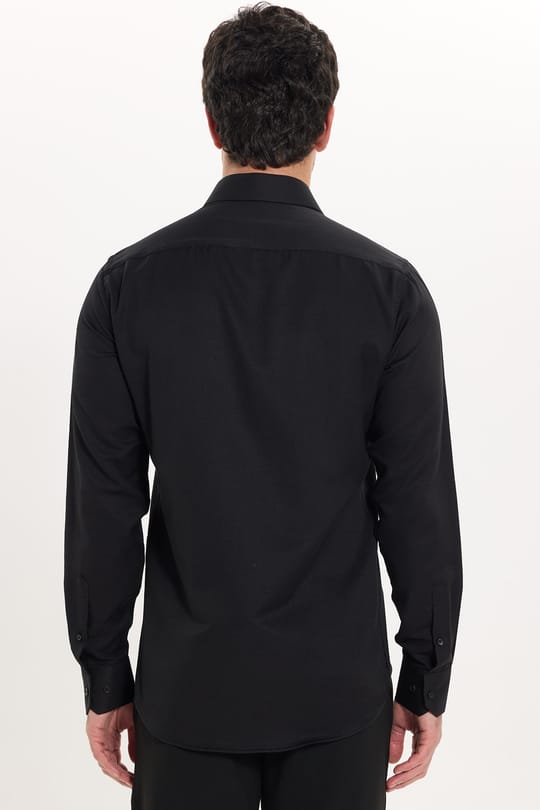 Erkek Modern Fit Dar Kesim Pamuklu Uzun Kollu Kravatlık Armürlü Siyah Gömlek