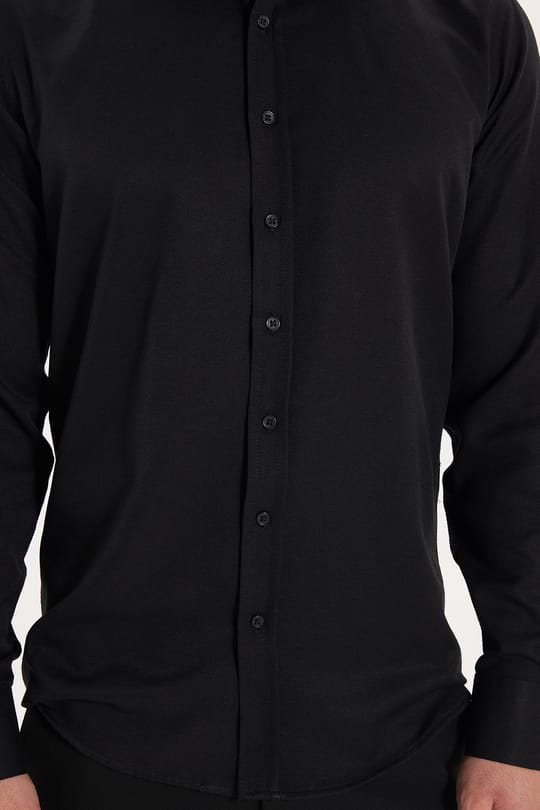 Erkek Modern Fit Dar Kesim Pamuklu Uzun Kollu Kravatlık Armürlü Siyah Gömlek