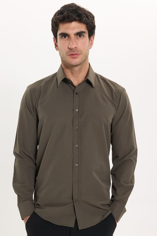 Erkek Modern Fit Dar Kesim Pamuklu Uzun Kollu Kravatlık Armürlü Haki Gömlek