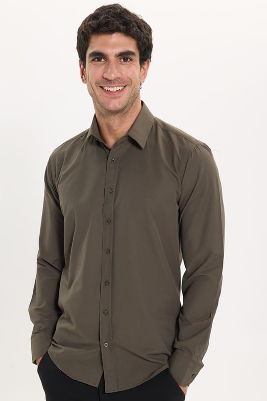 Erkek Modern Fit Dar Kesim Pamuklu Uzun Kollu Kravatlık Armürlü Haki Gömlek