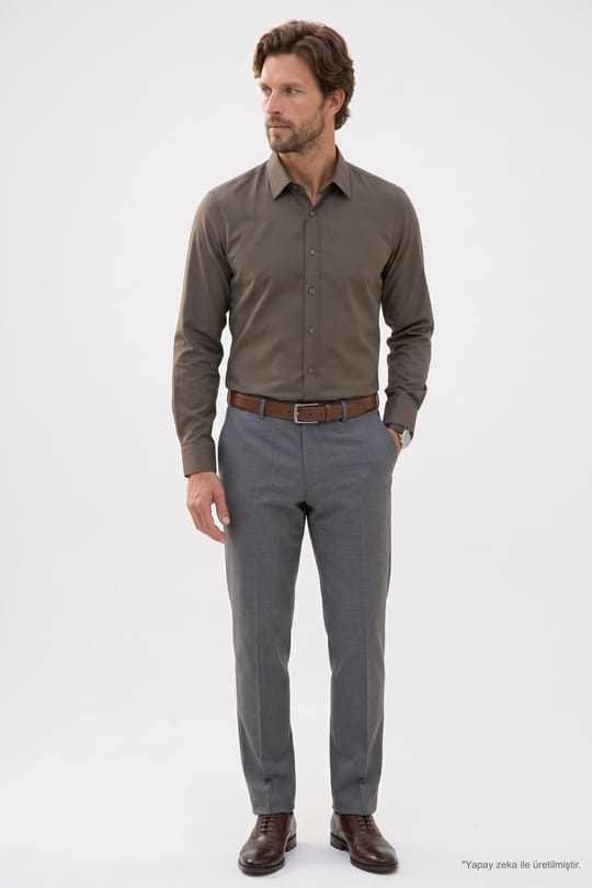 Erkek Modern Fit Dar Kesim Pamuklu Uzun Kollu Kravatlık Armürlü Haki Gömlek