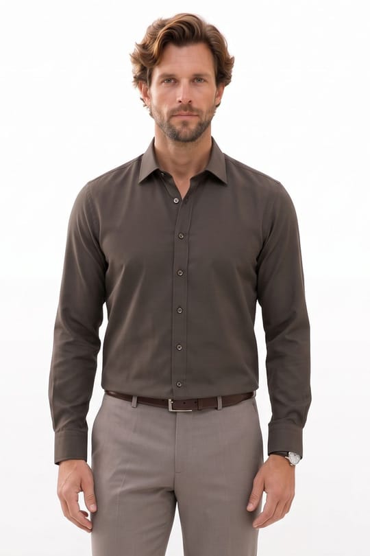 Erkek Modern Fit Dar Kesim Pamuklu Uzun Kollu Kravatlık Armürlü Haki Gömlek